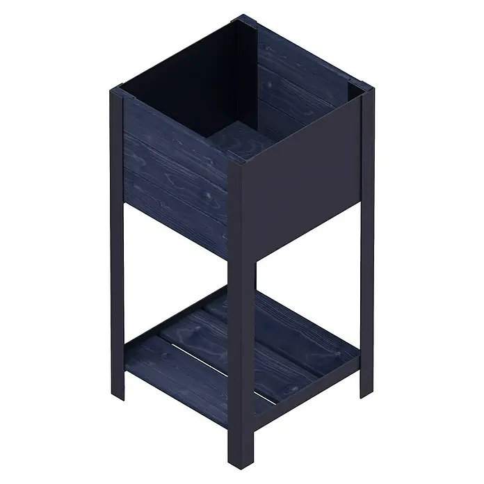 Upyard Hochbeet Modernbox hoch - 36 x 36 x 72 cm, Holz, Schwarz - Dieses Bild zeigt einen Pflanzkasten aus Holz mit einem dunklen Finish und einer Ablagefläche im unteren Bereich. Ideal für den Garten oder Balkon.