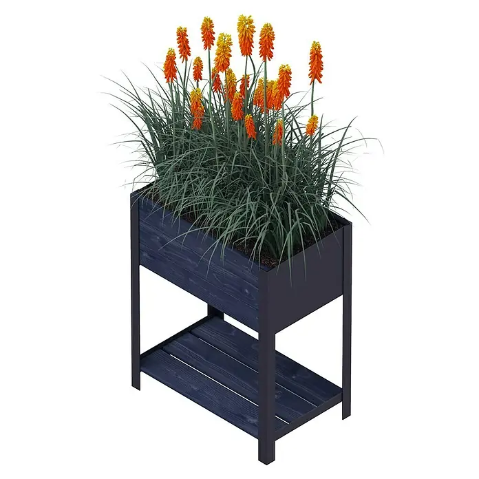 Upyard Hochbeet Hoch - 58 x 36 x 72 cm, Holz, Schwarz - Blumenkasten auf Ständer, gefüllt mit auffälligen Fackellilien und dekorativem Gras. Perfekt für Garten oder Terrasse.