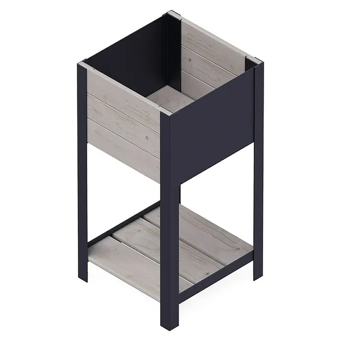Upyard Hochbeet Modernbox hoch - 36 x 36 x 72 cm, Holz, Grau - Ein erhöhter Pflanzkasten aus Holz und Metall bietet Platz für Pflanzen und eine Ablagefläche.