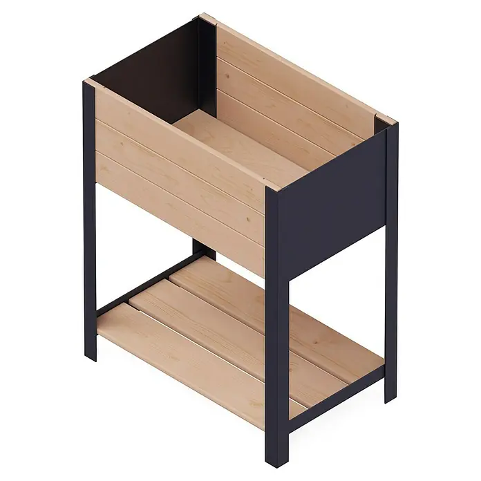 Upyard Hochbeet Modernbox hoch - 58 x 36 x 72 cm, Holz, Braun/Schwarz - Das Bild zeigt einen erhöhten Pflanzkasten mit Holzbeplankung und einem dunklen Metallrahmen mit Bodenablage.