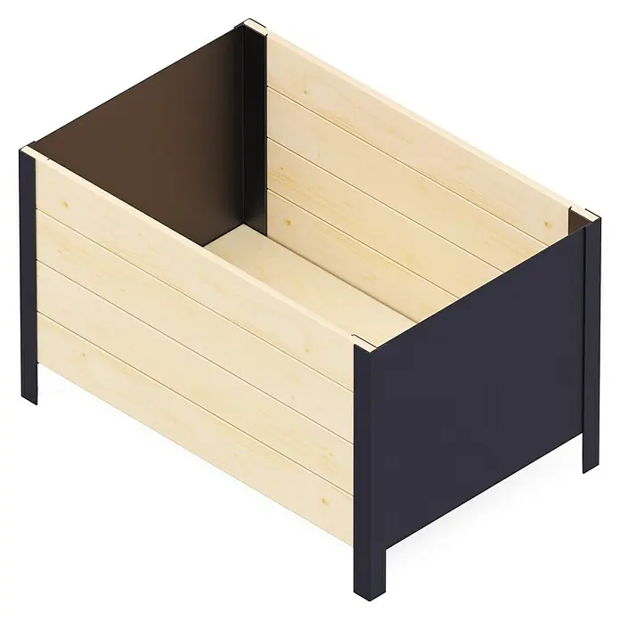 Upyard Pflanzkasten Modernbox tief - 78 x 52 x 48 cm, Holz, Natur - Ansicht eines Hochbeets aus Holz mit dunklen Metallecken, ideal für Garten- und Terrassenprojekte.