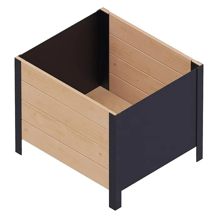 Upyard Pflanzkasten Modernbox tief - 58 x 52 x 48 cm, Holz, Braun - Ansicht eines Hochbeets aus Holz und Metall in Würfelform, das sich ideal für Gärten oder Terrassen eignet, um Pflanzen zu ziehen.