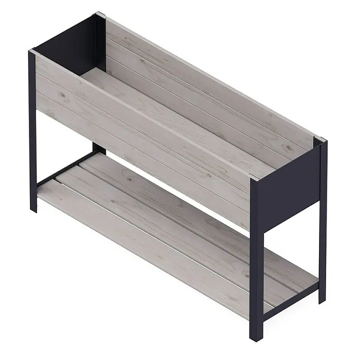 Upyard Huerto Modernbox alto - 118 x 36 x 72 cm, Madera, Gris/Negro - Un jardinero rectangular elevado con estante, ideal para un jardín o terraza, con un diseño moderno de madera y metal oscuro.
