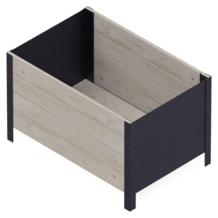 Upyard Pflanzkasten Modernbox tief - 78 x 52 x 48 cm, Holz, Grau - Ein rechteckiges, erhöhtes Gartenbeet mit Holzpaneelen und dunklem Metallrahmen, ideal für den Anbau von Pflanzen im Freien.