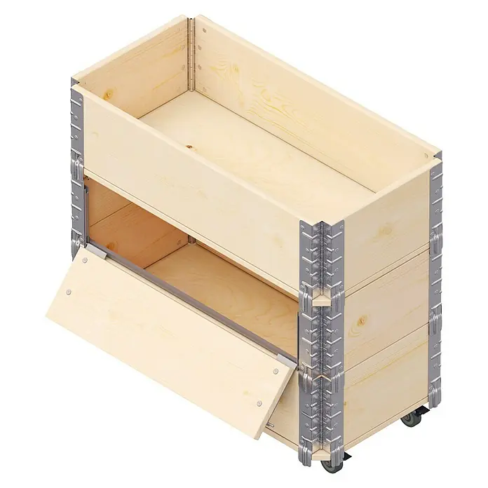 Upyard Kräuterkasten Advanced - 80 x 40 x 68 cm, Stahl, Natur - Ansicht einer Holzschublade mit Metallecken, die teilweise geöffnet ist und Rollen zur einfachen Bewegung hat.