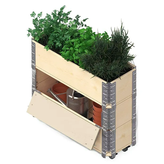 Upyard Kräuterkasten Advanced - 120 x 30 x 68 cm, Stahl, Natur - Das Bild zeigt einen hölzernen Kräutergarten mit einer Tür, die sich öffnen lässt, und einer Auswahl an Kräutern, die oben wachsen.
