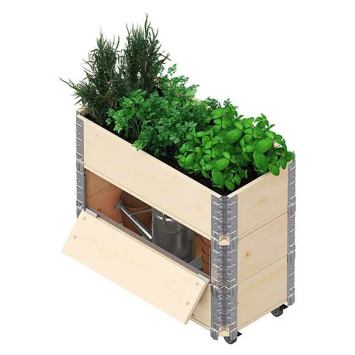 Upyard Kräuterkasten Advanced - 80 x 40 x 68 cm, Stahl, Natur - Eine erhöhte Holzkiste mit Kräutern und einer Gießkanne im Innenraum, ideal für Gartenliebhaber mit begrenztem Platz.