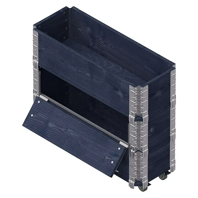 Upyard Maceta para hierbas altas Advanced - 80 x 30 x 68 cm, Acero, Negro - Un carro rodante rectangular azul oscuro con esquinas de metal plateado y una solapa parcialmente abierta. Mueble elegante y práctico.