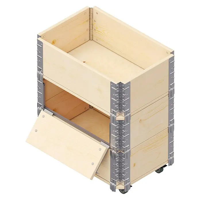 Upyard Kräuterkasten Advanced - 40 x 60 x 68 cm, Stahl, Natur - Holzkiste mit drei Fächern und einer Tür, die offen steht, verbunden durch Metallwinkel. Ideal für die Lagerung verschiedener Gegenstände.