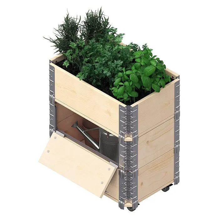 Upyard Kräuterkasten Advanced - 40 x 60 x 68 cm, Stahl, Natur - Ein Hochbeet aus Holz mit Kräutern bepflanzt, ausgestattet mit einer kleinen Tür und einem Bewässerungsutensil im Inneren.