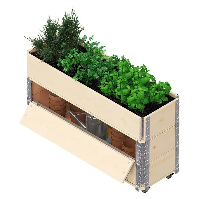 Upyard Kräuterkasten Advanced - 120 x 40 x 68 cm, Stahl, Natur - Der erhöhte Kräutergarten aus Holz mit Staufach bietet eine praktische Lösung für den Anbau von Kräutern und die Aufbewahrung von Gartenzubehör.