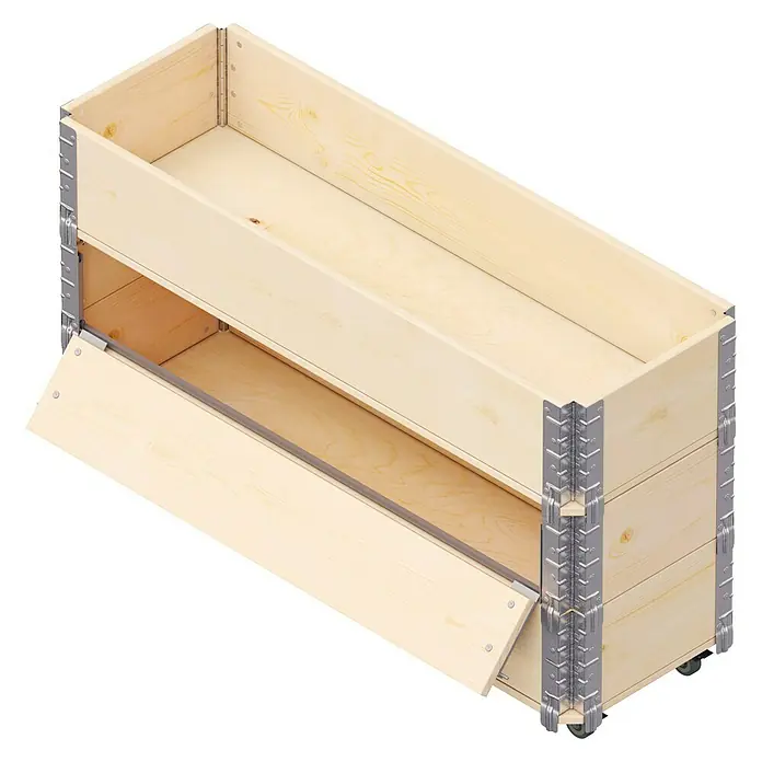 Upyard Kräuterkasten Advanced - 120 x 40 x 68 cm, Stahl, Natur - Das Bild zeigt eine aus hellem Holz gefertigte Schubladenbox mit Metallecken, die teilweise geöffnet ist und Einblick in das Innere gewährt.