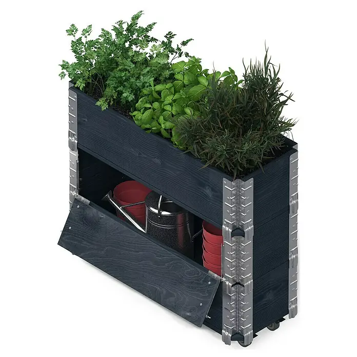 Upyard Kräuterkasten Advanced - 120 x 30 x 68 cm, Stahl, Schwarz - Holzkasten-Pflanzgefäß mit Kräutern und Stauraum für Gartengeräte, ideal für Balkon oder Terrasse. Praktisch und dekorativ.