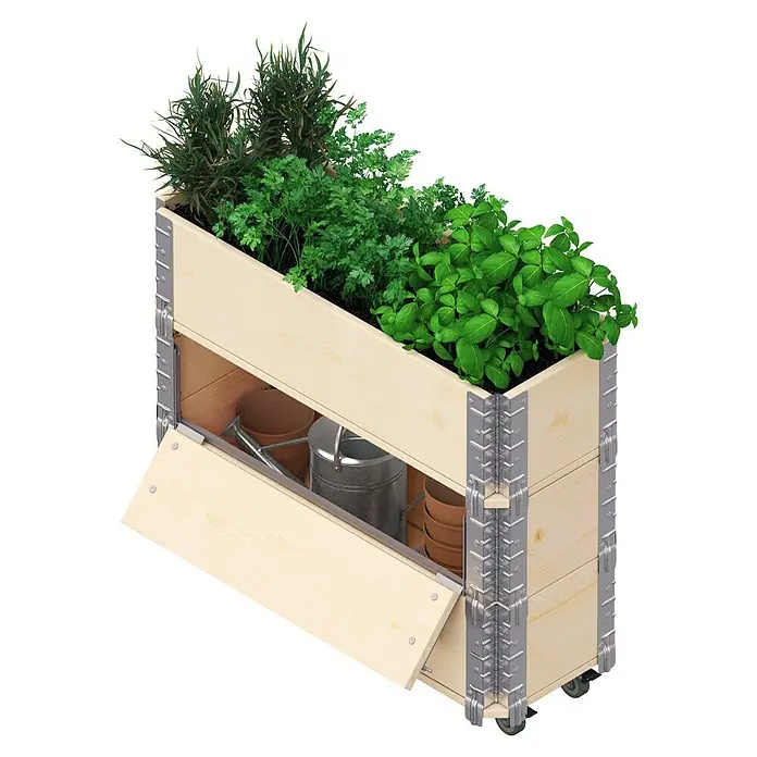 Upyard Kräuterkasten Advanced - 80 x 30 x 68 cm, Stahl, Natur - Ein Pflanzkasten aus Holz mit Kräutern und einem Fach für Gartengeräte, ideal für den Anbau auf kleinem Raum.