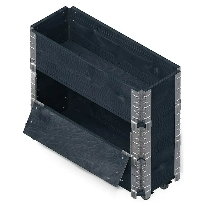 Upyard Maceta para hierbas altas Advanced - 120 x 30 x 68 cm, Acero, Negro - Vista de una caja de madera oscura con estante y una tapa lateral conectada con bisagras metálicas. Es robusta y funcional.