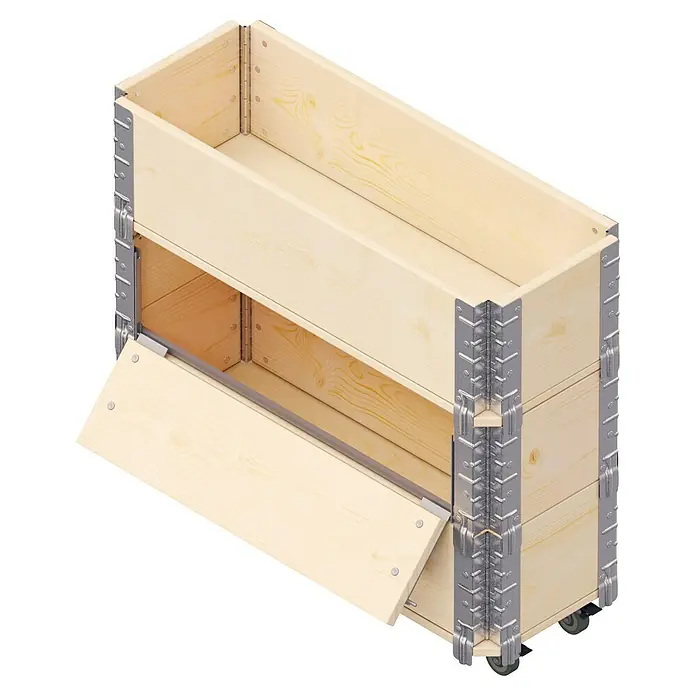 Upyard Kräuterkasten Advanced - 80 x 30 x 68 cm, Stahl, Natur - Hier ist eine Holzbox mit einer offenen Klappe, die mit Metallscharnieren und Eckverbindungen ausgestattet ist, ideal für Lagerung.