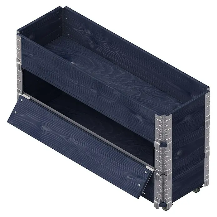 Upyard Kräuterkasten Advanced120 x 40 x 68 cm, Stahl, Schwarz - Ein rechteckiger, marineblauer Holzschrank mit silberfarbenen Beschlägen und einer geöffneten Klappe, ideal für stilvolle Aufbewahrung.