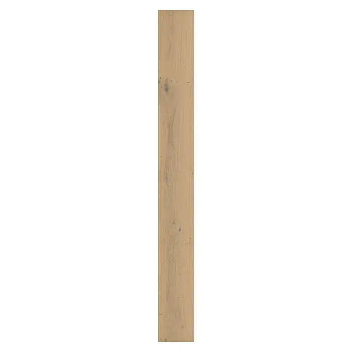 Living by Haro Parkett - Eiche puroweiß, Landhausdiele, 2.200 x 240 x 12 mm - Diese Aufnahme zeigt ein helles, längliches Stück Holz mit auffälliger Maserung und einigen Astlöchern, ideal für rustikale Designs.