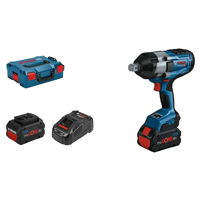 Bosch Professional AMPShare 18V Akku-Drehschlagschrauber GDS 18V-1050H - 18 V, 2 Akkus, 8 Ah - Das Bosch Professional Akku-Schlagschrauber-Set mit Zubehör präsentiert die Werkzeugausstattung für Profis.