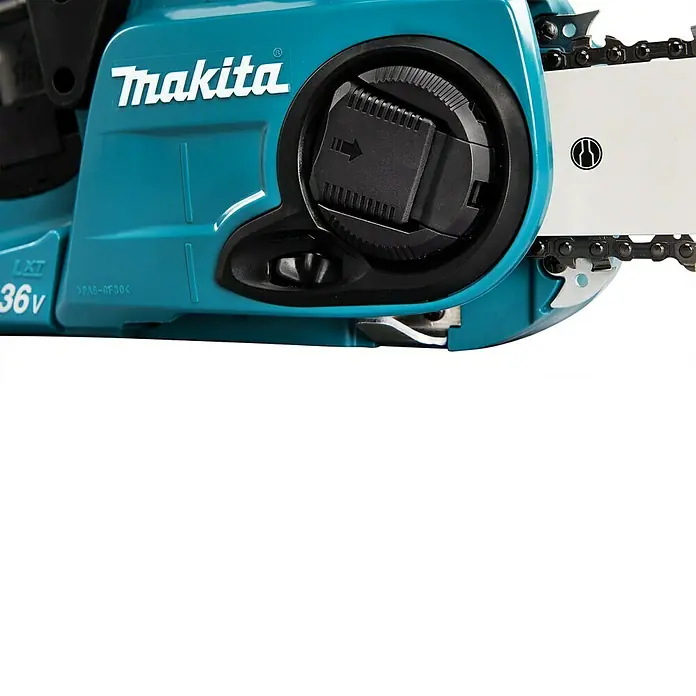 Makita LXT 18V Akku-Kettensäge DUC353Z - 36 V, Li-Ionen, Ohne Akku, Schwertlänge: 35 cm - Nahaufnahme einer Makita Akku-Kettensäge, ideal für Baumschnitt und Holzarbeiten. Leistungsstark und benutzerfreundlich mit präziser Schnittführung.