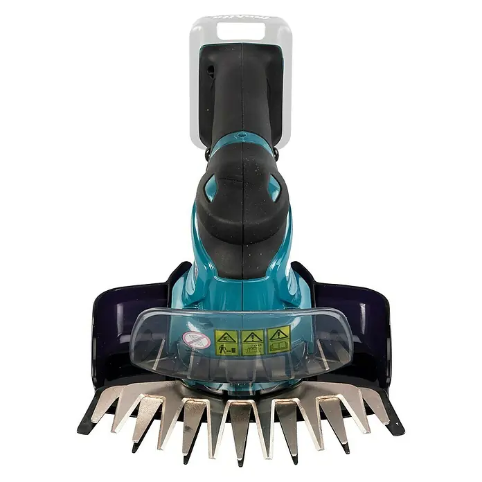Makita Akku-Gras- & Strauchschere UM600DZX - 12 V, Li-Ionen, Ohne Akku - Nahaufnahme eines Akku-Grasschneiders mit silbernen Klingen und einem Griff, der ein komfortables Schneiden von Gras und kleinen Büschen ermöglicht.