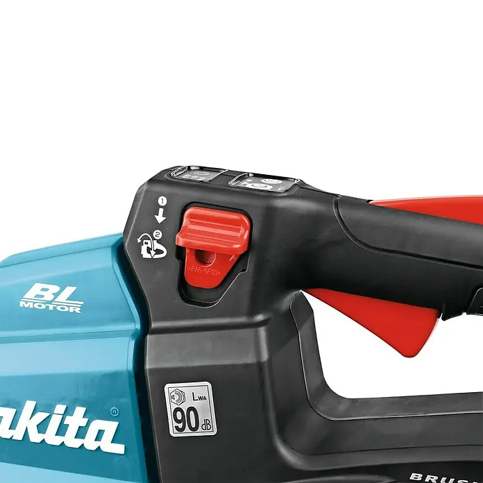 Makita LXT 18V Akku-Heckenschere DUH502Z - 18 V, Li-Ionen, Ohne Akku, Schnittlänge: 50 cm - Detailansicht eines Makita Akku-Laubbläsers mit Bedienelementen und Hinweisen zur Lautstärke.