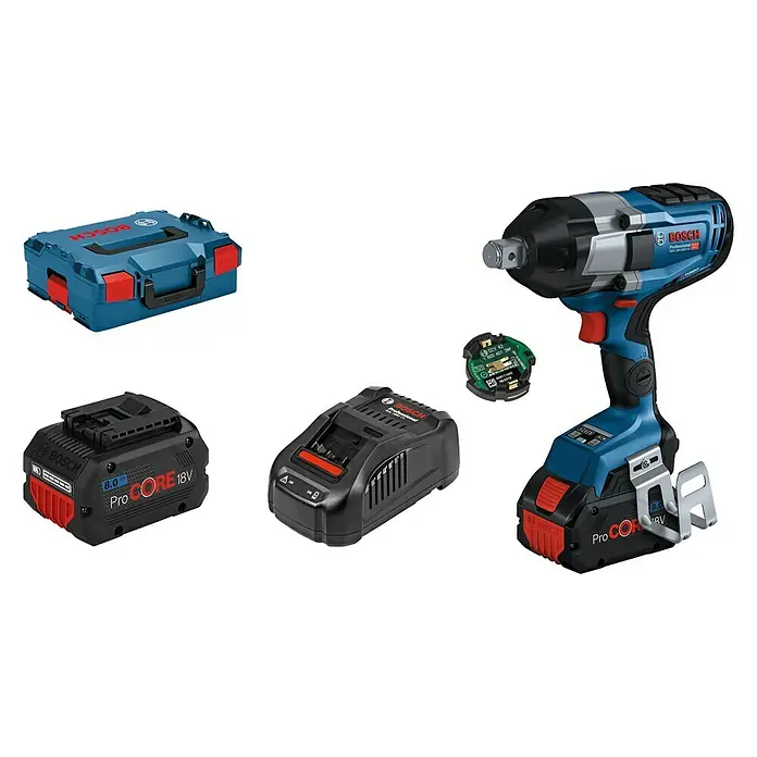 Bosch Professional AMPShare 18V Akku-Drehschlagschrauber GDS 18V-1050 HC - 18 V, 2 Akkus, 8 Ah, 1.050 Nm, Inkl. Bluetooth Low Energy Modul GCY 42 - Das Bild zeigt einen blauen Bosch Akku-Schlagschrauber mit Akku, Ladegerät, Elektronikmodul und Werkzeugkoffer.