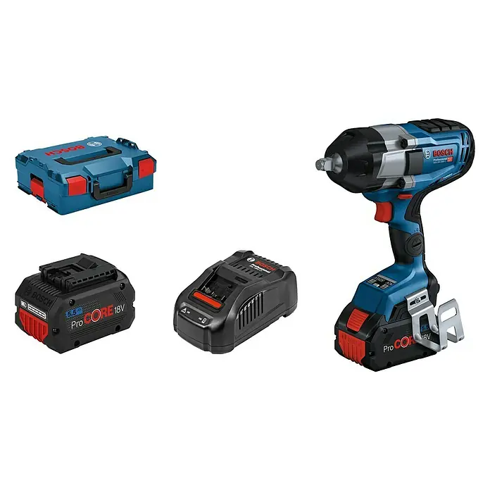 Bosch Professional AMPShare 18V Akku-Drehschlagschrauber GDS 18V-1000 C - 18 V, 2 Akkus, 5,5 Ah, 1.000 Nm, Ohne Bluetooth Low Energy Modul GCY 42 - Produktabbildung eines Bosch Akku-Schlagschraubers mit zwei Akkus und einer Werkzeugkiste in Blau und Rot.