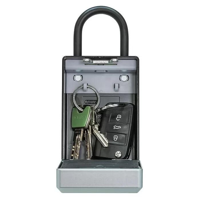 Abus Schlüsselbox Key Garage 797 Smart Bluetooth - Geeignet für: Bis zu 20 Schlüssel, L x B x H: 63 x 82,5 x 179 mm, Mit Bügel - Offener grau-silberner Schlüsselsafe mit schwarzem Bügel, zur Aufbewahrung von Hausschlüsseln und einem schwarzen Autoschlüssel mit Fernbedienung.