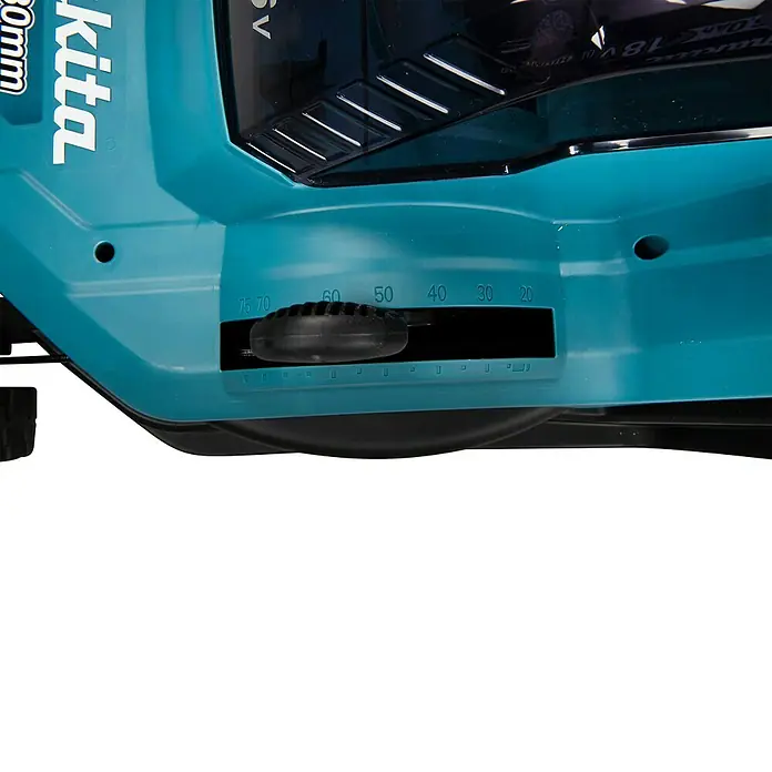 Makita LXT 18V Akku-Rasenmäher DLM432PT2 - 18 V, 2 Akkus, 5 Ah, Schnittbreite: 43 cm - Nahaufnahme eines Makita-Gartengeräts mit gut sichtbarem Höheneinstellungsmechanismus.