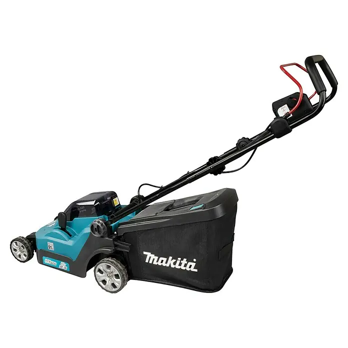 Makita LXT 18V Akku-Rasenmäher DLM382PM2 - 36 V, 2 Akkus, 4 Ah, Schnittbreite: 38 cm - Hier ist ein akkubetriebener Makita-Rasenmäher mit Grasfangkorb, ideal für die Rasenpflege.