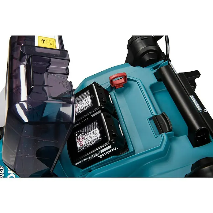 Makita LXT 18V Akku-Rasenmäher DLM432PT2 - 18 V, 2 Akkus, 5 Ah, Schnittbreite: 43 cm - Nahaufnahme des Makita Akku-Rasenmähers mit zwei 18V Akkus, die für kabellose Leistung und Flexibilität sorgen.