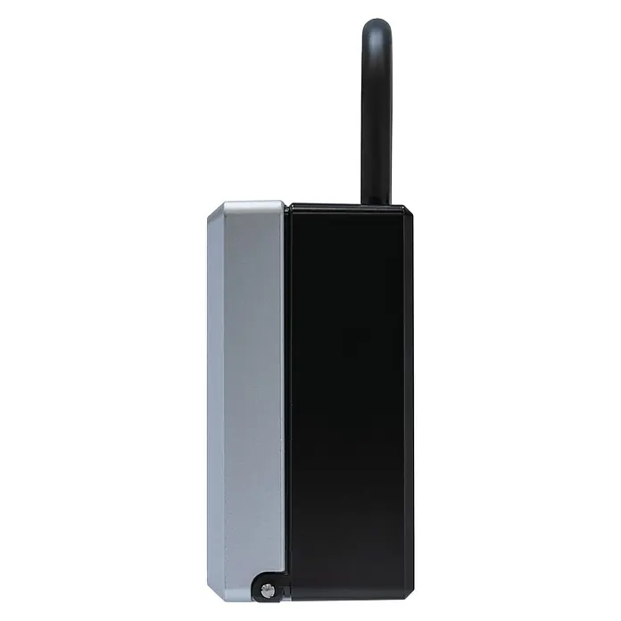 Abus Schlüsselbox Key Garage 797 Smart Bluetooth - Geeignet für: Bis zu 20 Schlüssel, L x B x H: 63 x 82,5 x 179 mm, Mit Bügel - Nahaufnahme eines schwarzen und silbernen Vorhängeschlosses mit einem Bügel oben, ideal für die Sicherheit und zum Schutz von Wertsachen.