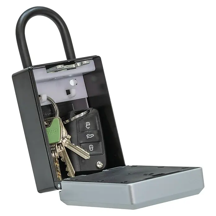 Abus Schlüsselbox Key Garage 797 Smart Bluetooth - Geeignet für: Bis zu 20 Schlüssel, L x B x H: 63 x 82,5 x 179 mm, Mit Bügel - Bild eines Schlüsselsafes mit geöffnetem Bügel, der Schlüssel und einen Autoschlüssel enthält. Geeignet zur sicheren Aufbewahrung von Schlüsseln.