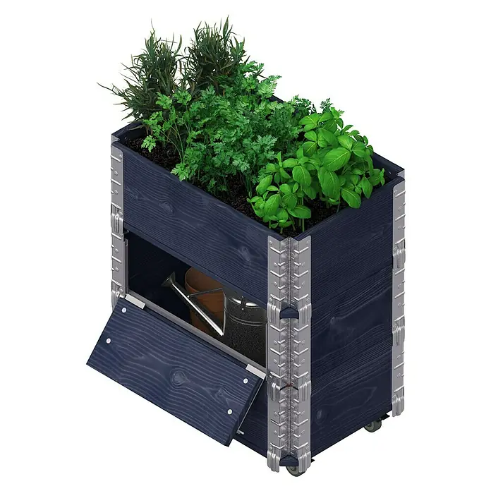 Upyard Kräuterkasten Advanced - 60 x 40 x 68 cm, Stahl, Schwarz - Ein Hochbeet aus Holz mit einer unteren Tür, in der Gießkannen aufbewahrt werden und Kräuter oben.