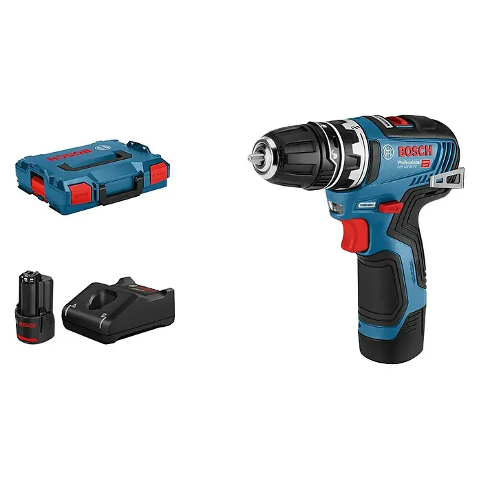 Bosch Professional Akku-Bohrschrauber GSR 12V-35 FC - 12 V, 2 Akkus, 3 Ah, 35 Nm, Ohne 3 Aufsätze - Akkuschrauber-Set: Bosch Professional GSR 12V-35 FC mit Zubehör und L-BOXX für vielseitige Anwendungen und einfache Aufbewahrung.