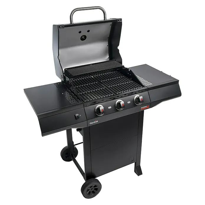 Char-Broil Gasgrill Performance Core B3 Cart - Grillfläche (B x T): 54,3 x 43,5 cm, 7,91 kW, Anzahl Brenner: 3 - Schwarzer Char-Broil Performance Gasgrill mit drei Brennern und offenen Deckel, ideal für Grillliebhaber.