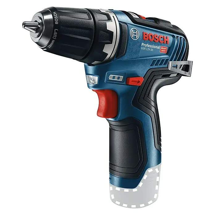 Bosch Professional Akku-Bohrschrauber GSR 12V-35 - 12 V, Ohne Akku - Nahaufnahme eines blauen Bosch GSR 12V-35 Akku-Bohrschraubers, ideal für schwere Arbeiten, mit robustem Design und hoher Leistung.