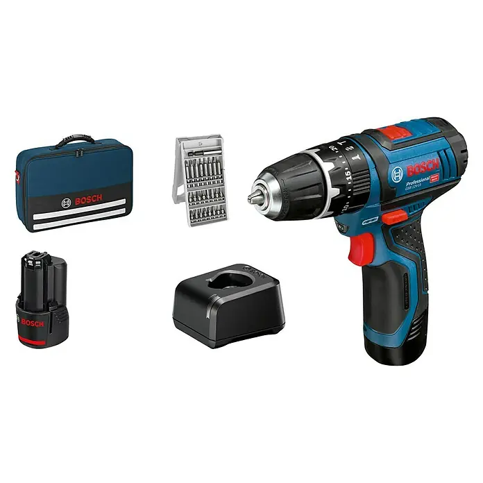 Bosch Professional Akku-Schlagbohrschrauber GSB 12V-15 - 12 V, 2 Akkus, 2 Ah, 30 Nm, 2 Akkus + Ladegerät + Bit-Set + Tasche - Bosch Professional GSB 12V-15 Akku-Bohrschrauber-Set mit Zubehör: Akku, Ladegerät, Bit-Set und Tasche für Profi-Anwendungen.