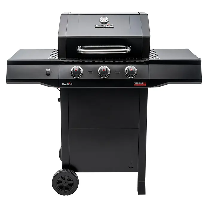 Char-Broil Gasgrill Performance Core B3 Cart - Grillfläche (B x T): 54,3 x 43,5 cm, 7,91 kW, Anzahl Brenner: 3 - Das Bild zeigt einen schwarzen Char-Broil Gasgrill mit drei Brennern, Seitenablagen und einem Deckelthermometer. Perfekt für Grillabende im Freien.