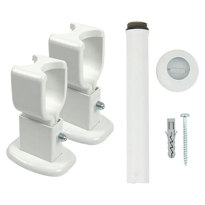 Ximax Raumteiler-Set - 2x Wandhalter, 1x Standfuß, Weiß - Hier ist eine Nahaufnahme von zwei weißen Vorhangstangenhalterungen mit Montagezubehör, perfekt für die stilvolle Fensterdekoration.