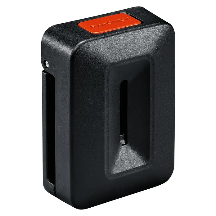 Bosch Professional Befestigungselement ProClick Holder - Passend für: Bosch Professional ProClick Gürteltaschen - Nahaufnahme eines schwarzen ProClick-X Cliphalters mit einer orangefarbenen Taste.