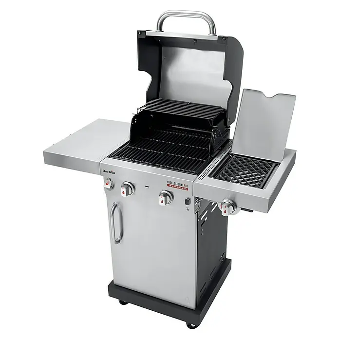 Char-Broil Gasgrill Professional Pro S2 - Anzahl Brenner: 2 - Bild eines Char-Broil Professional PRO Gasgrills mit offenem Deckel und Seitenablagen vor schwarzem Hintergrund.