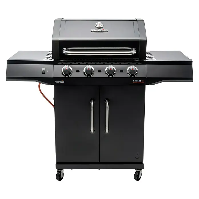 Char-Broil Gasgrill Performance Core B4 - Grillfläche (B x T): 63 x 43,5 cm, 8,68 kW, Anzahl Brenner: 4 - Schwarzer Char-Broil Performance Gasgrill mit vier Brennern, Seitenablagen und Unterschrank für optimales Grillvergnügen im Freien.