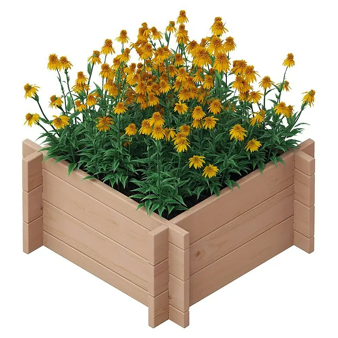 Upyard Hochbeet Multibox - L x B x H: 59 x 59 x 29,5 cm, Holz, Braun - Ein quadratisches Hochbeet aus Holz mit üppigen gelben Blumen, ideal für Gartenliebhaber und zur Dekoration von Terrassen.