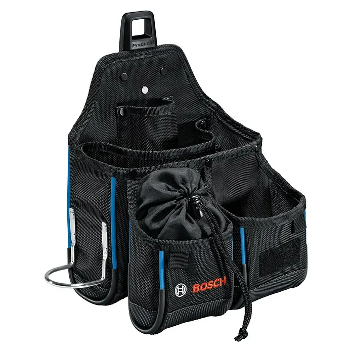 Bosch Professional Werkzeug-Gürteltasche GWT 4 - 210 x 150 x 250 mm - Nahaufnahme einer Bosch ProClick Werkzeugtasche aus schwarzem Stoff mit mehreren Fächern und blauem Akzenten.