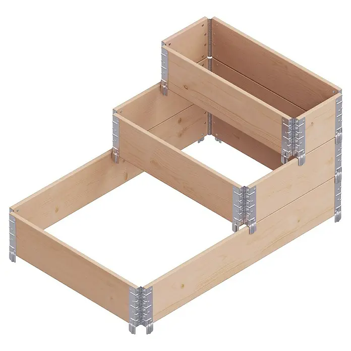 Upyard Hochbeet 3 Ebenen - 120 x 80 x 58,5 cm, Holz, Braun, Fassungsvermögen: 302,4 l - Das Bild zeigt ein dreistufiges Hochbeet aus Holz mit Metallverbindungsstücken auf einem schwarzen Hintergrund. Praktisches Element für den Garten.