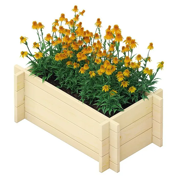 Upyard Hochbeet Multibox - L x B x H: 59 x 29,5 x 29,5 cm, Holz, Natur - Ein hölzernes Hochbeet bepflanzt mit leuchtend gelben Rudbeckia Blumen. Ideal für Garten oder Terrasse.