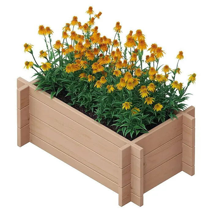 Upyard Hochbeet Multibox - L x B x H: 59 x 29,5 x 29,5 cm, Holz, Braun - Erhöhtes Holzbeet mit üppigen gelben Rudbeckia-Blumen, perfekt für Gartenliebhaber.