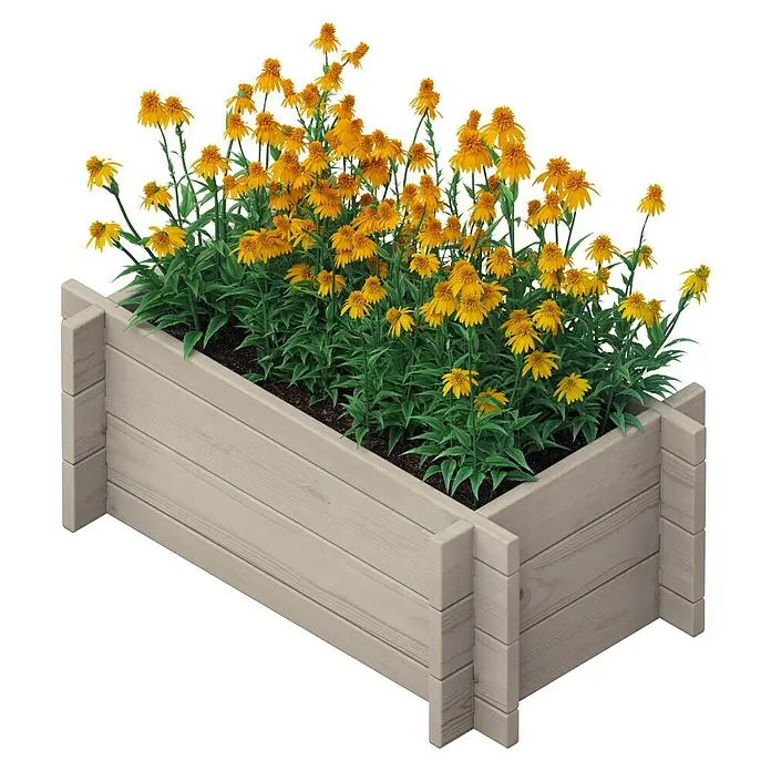 Upyard Hochbeet Multibox - L x B x H: 59 x 29,5 x 29,5 cm, Holz, Grau - Holzkiste mit gelben Blumen. Die Holzkiste hat eine schöne Struktur und die Blumen wirken sehr lebendig. Ideal für Balkon oder Garten.